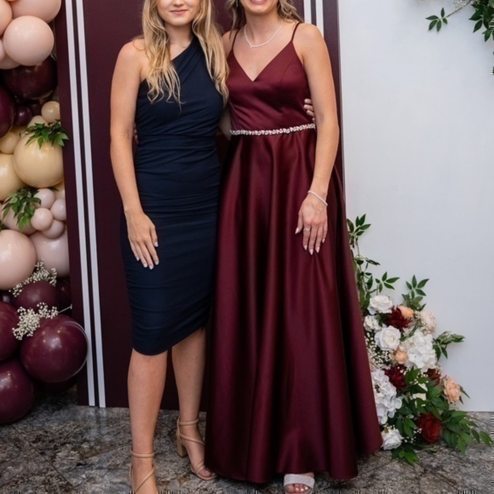 Burgundy satin A line bridesmaid dress bedazzled belt celebrate DB studio size 4